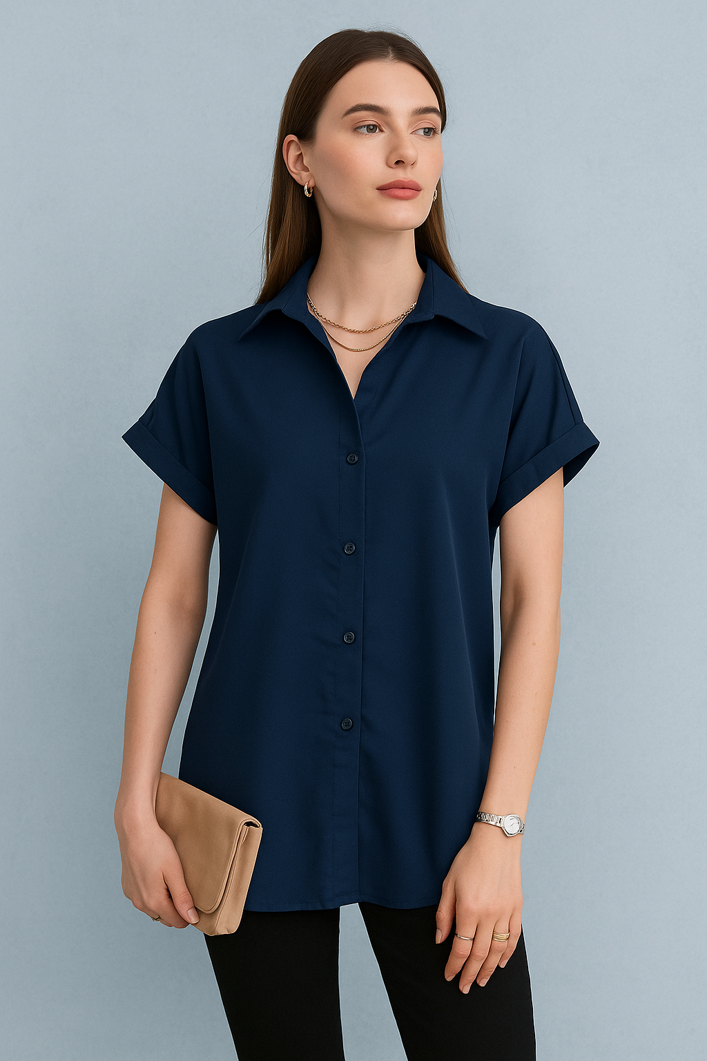 Short Sleeve Button-Down Top with Rolled Cuffs