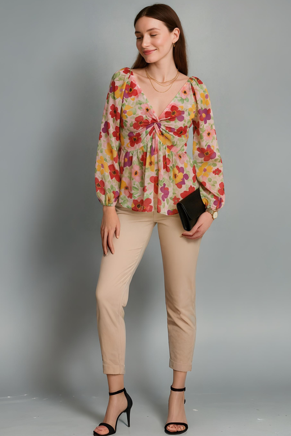 Multicolor Floral Printed Chiffon Peplum Top with Long Sleeves and Front Twist Detail