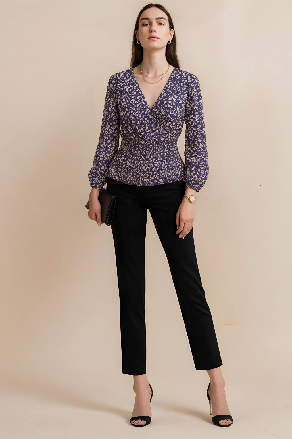 Navy Blue Floral Printed Georgette Smocked Waist Top with Long Sleeves and V Neckline