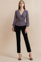 Floral Printed Georgette Smocked Waist Top with Long Sleeves and V Neckline