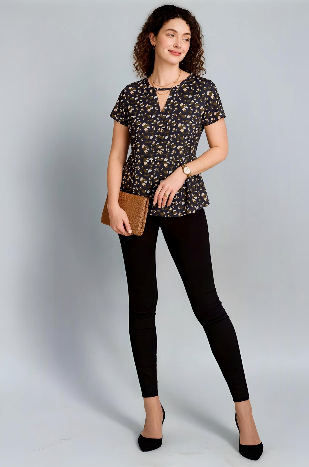 Navy Blue Abstract Printed Crepe Peplum Top with Short Sleeves and Keyhole Neckline