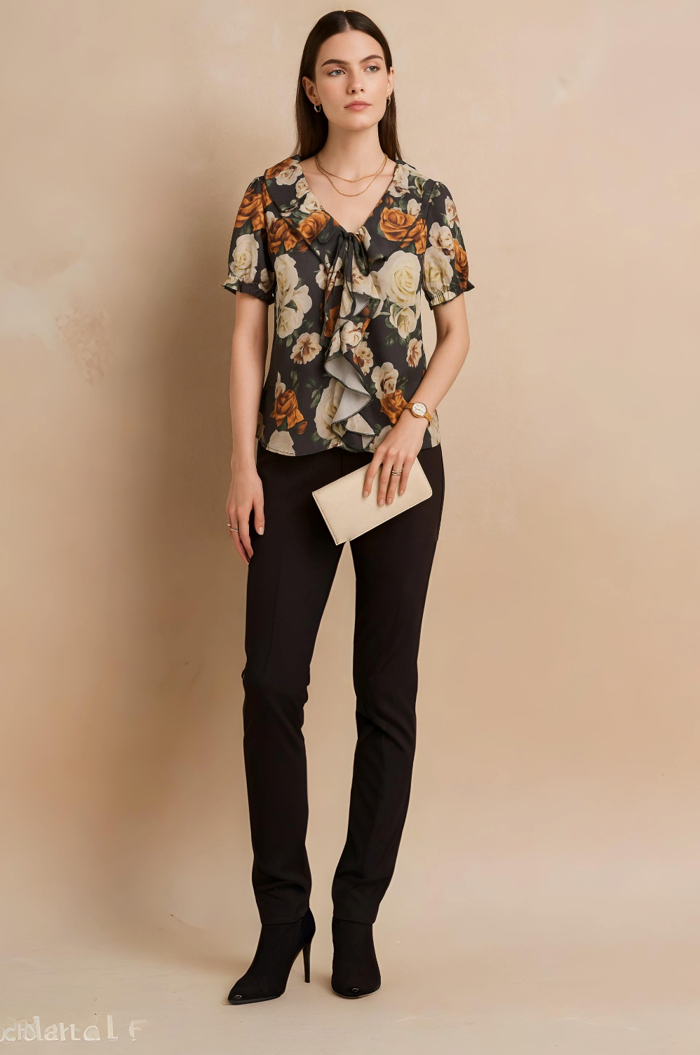 Black Floral Printed Satin Top with Short Sleeves Ruffle Front and Tie Neck Detail