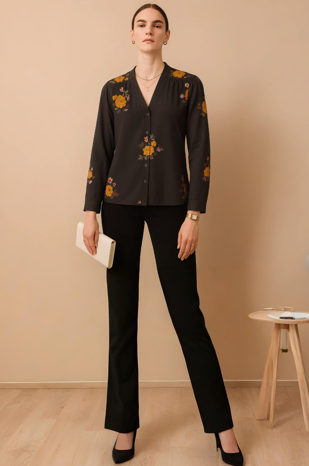 Black Floral Printed Crepe Shirt with Long Sleeves and V Neckline