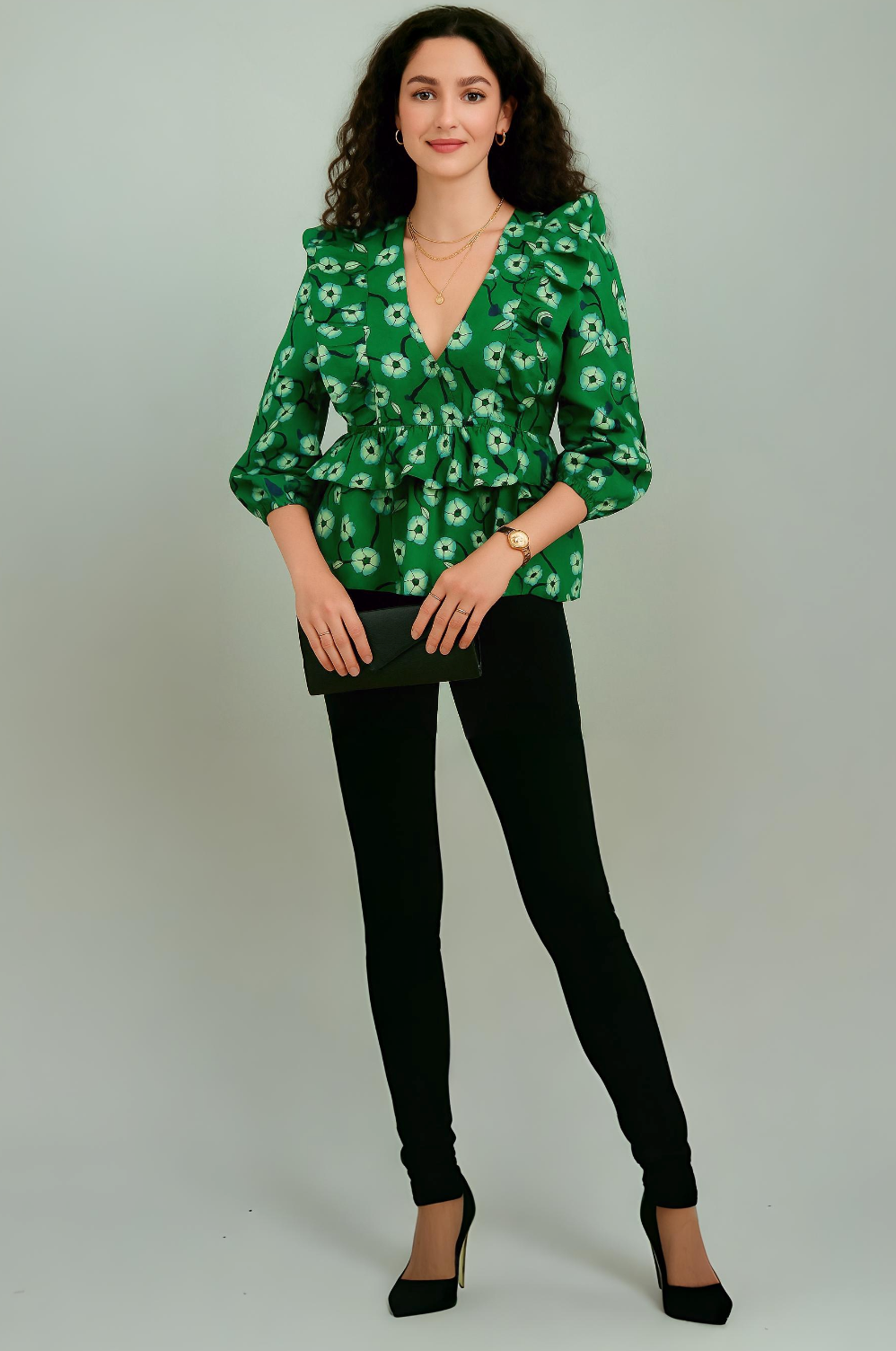Emerald Green Floral Printed Crepe Peplum Top with Ruffled Shoulders and Three Quarter Sleeves