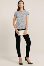 Floral Printed Cotton Top with Cap Sleeves and Round Neckline