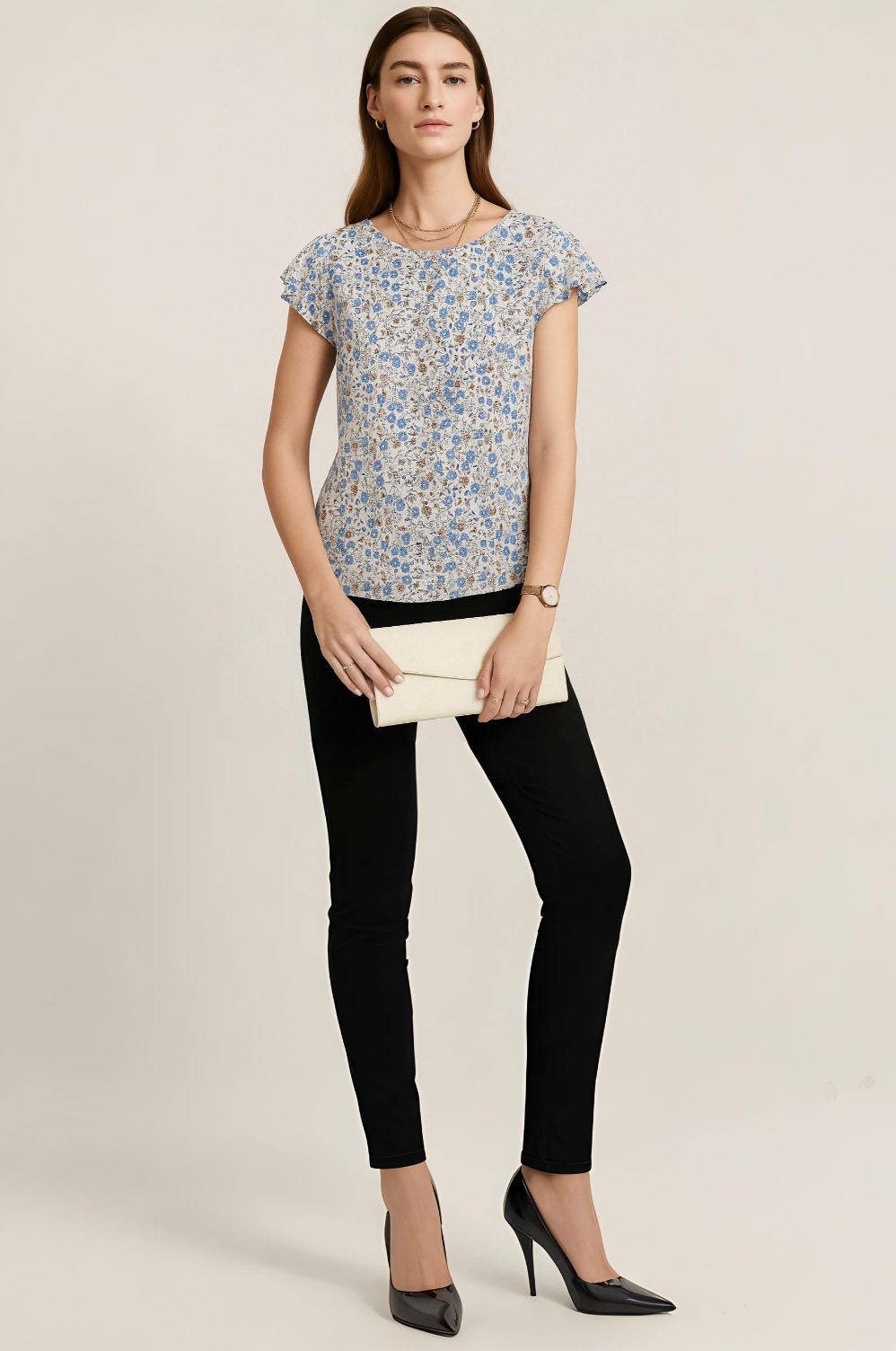 Ivory Blue Floral Printed Cotton Top with Cap Sleeves and Round Neckline