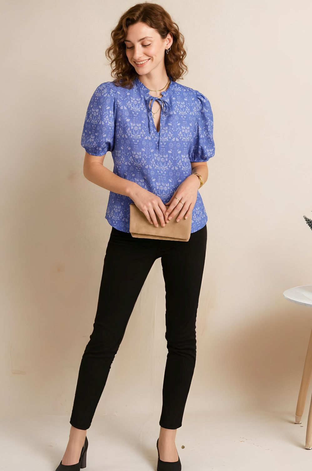 Periwinkle Blue Floral Cotton Top with Puff Sleeves and Tie-Neck Detail