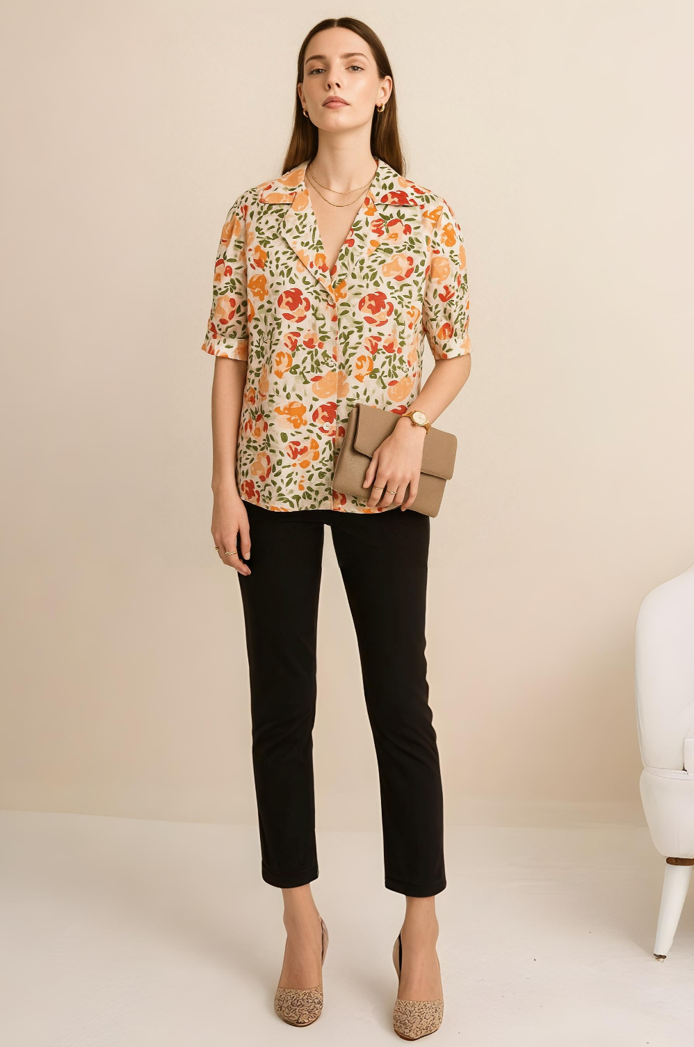 Multicolor Floral Button-Down Shirt in Lightweight Cotton Linen with Hip Length and Half Sleeves