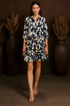 Navy & White Abstract Print Tiered Shirt Dress
