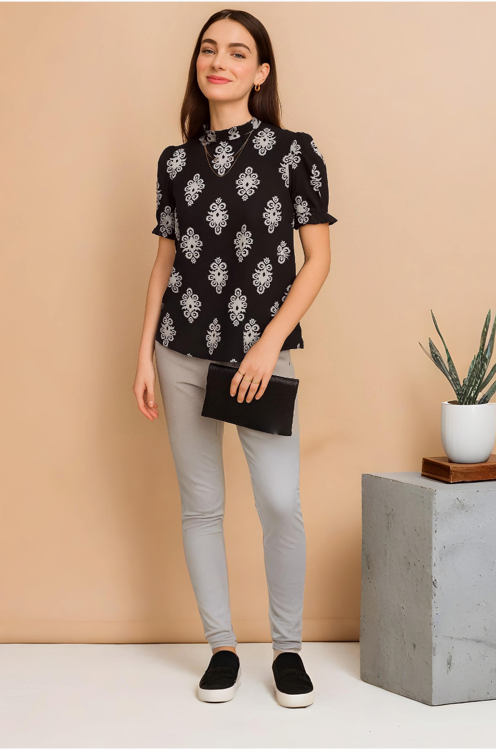 Elegant Black Printed Ruffle Neck Top