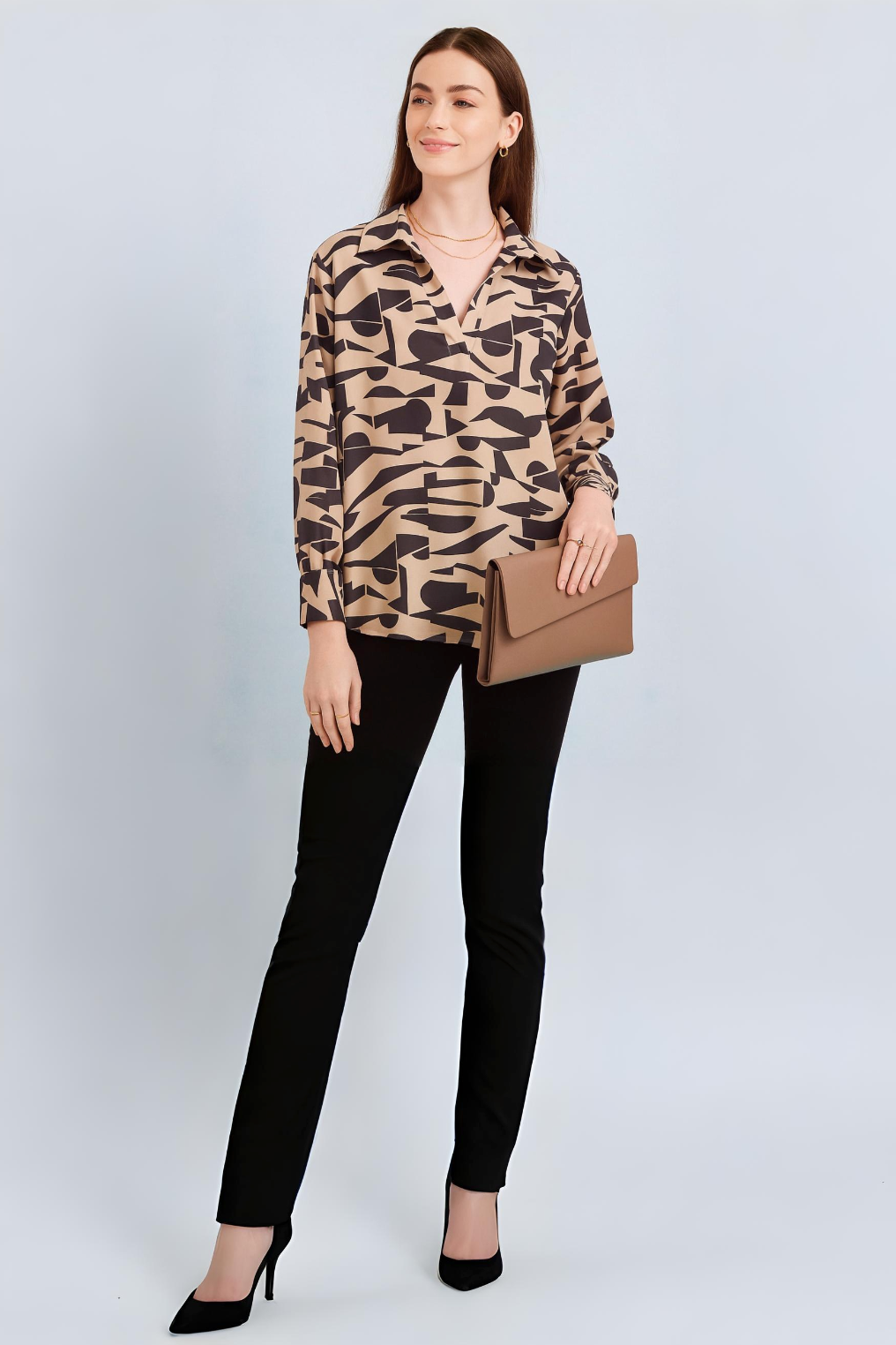 Neutral Beige Graphic Pattern Full Sleeve V-Neck Satin Shirt Top