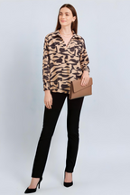 Neutral Beige Graphic Pattern Full Sleeve V-Neck Satin Shirt Top