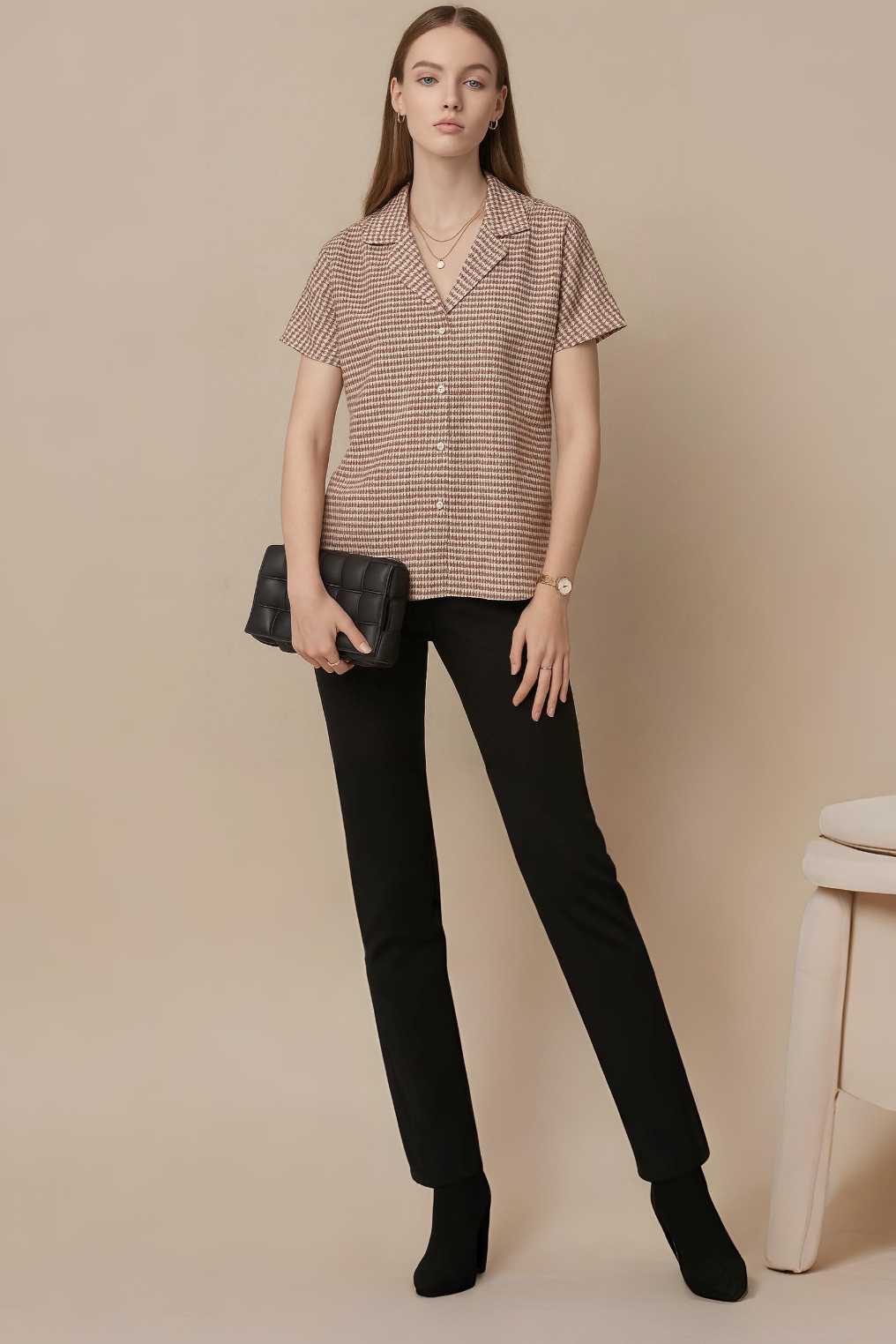 Brown Houndstooth Cotton Short Sleeve Shirt