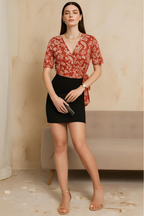 Floral Wrap Top with Short Sleeves in Crepe Fabric