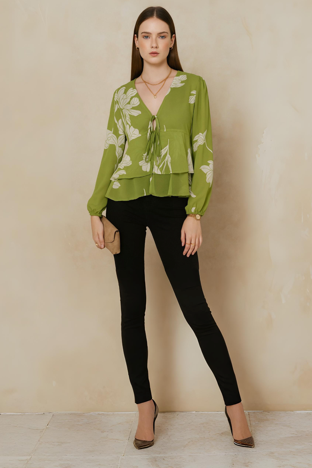 Olive Green Floral Chiffon Peplum Top with Long Sleeves and Front Tie Detail