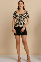Beige Black Floral Smocked Peplum Top