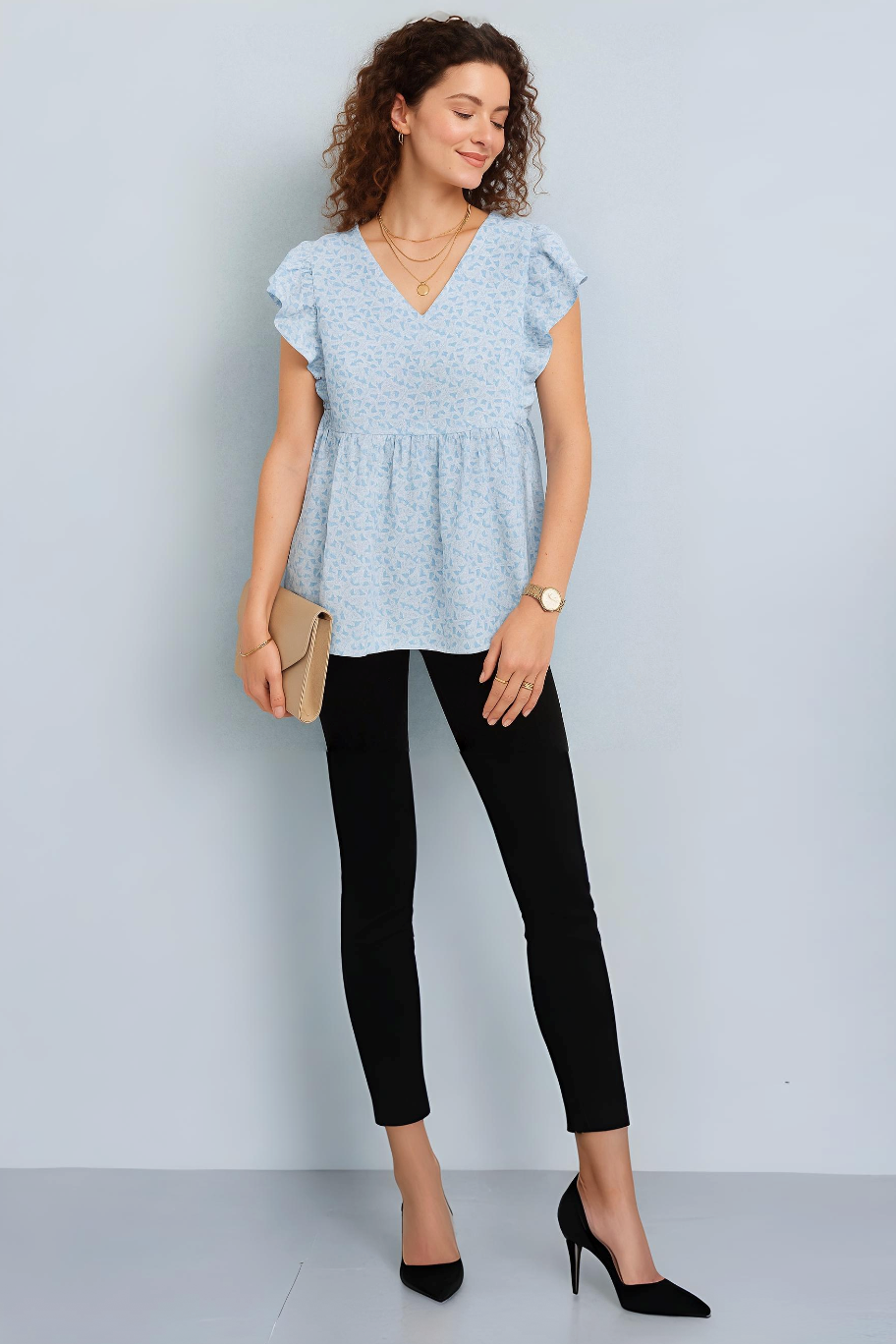 Sky Blue Printed Flutter Sleeve Peplum Top