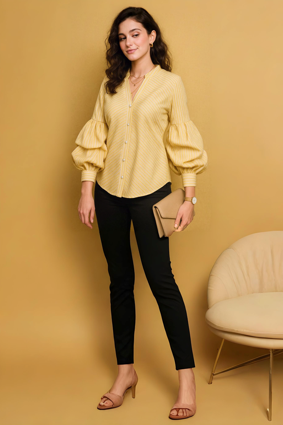 Yellow Striped Button-Down Shirt with Puff Sleeves