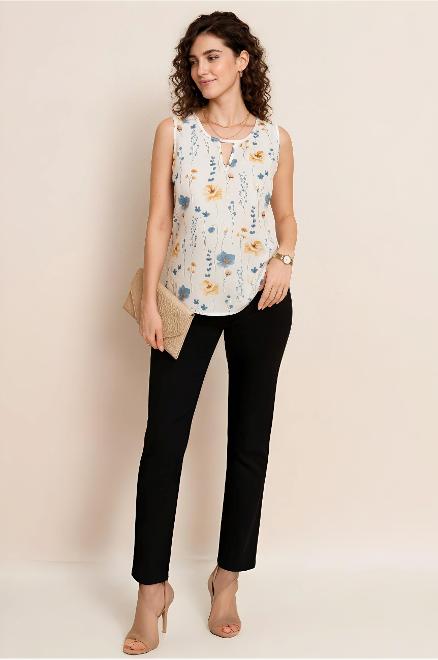 White Floral Sleeveless Top with Keyhole Neckline