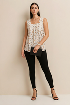 Cream Feather Print Sleeveless Top with Square Neckline