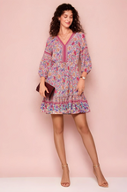 Multicolor Floral Printed V-Neck Dress with 3/4 Sleeves and Tiered Hem