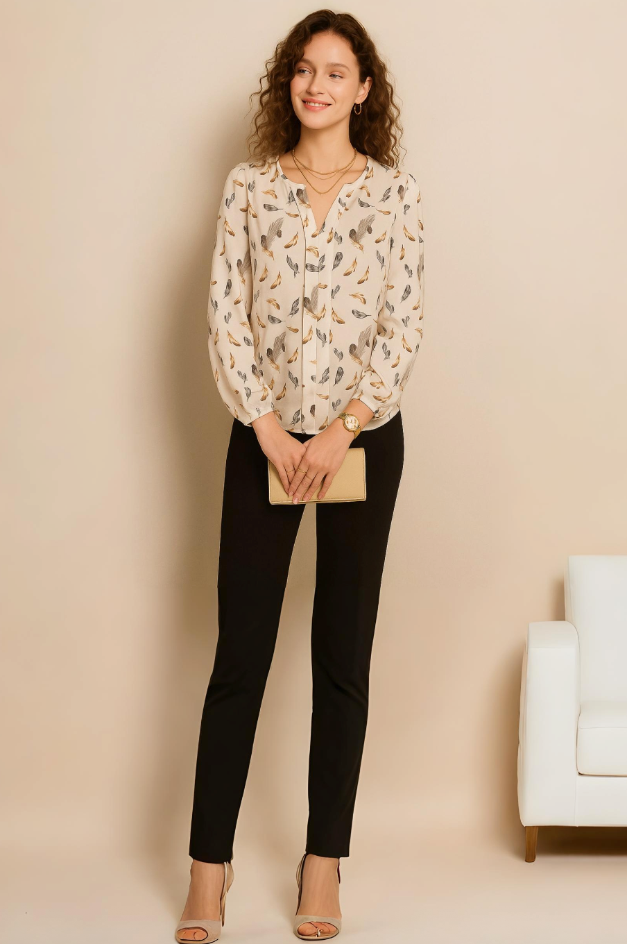 Cream Feather Print V-Neck Blouse with Full Sleeves