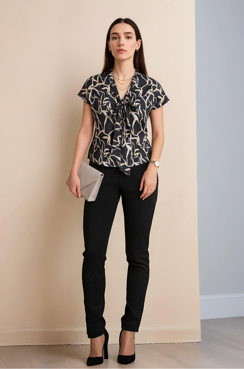 Black Abstract Print Short Sleeve Top with Front Tie Neck