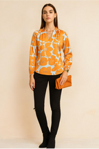 Orange and Blue Floral Print Long Sleeve Blouse with Ruffle Neckline