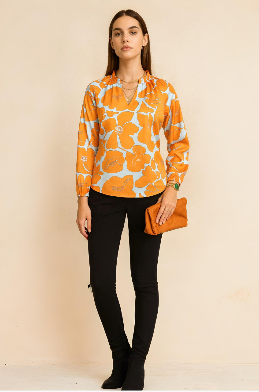 Orange and Blue Floral Print Long Sleeve Blouse with Ruffle Neckline