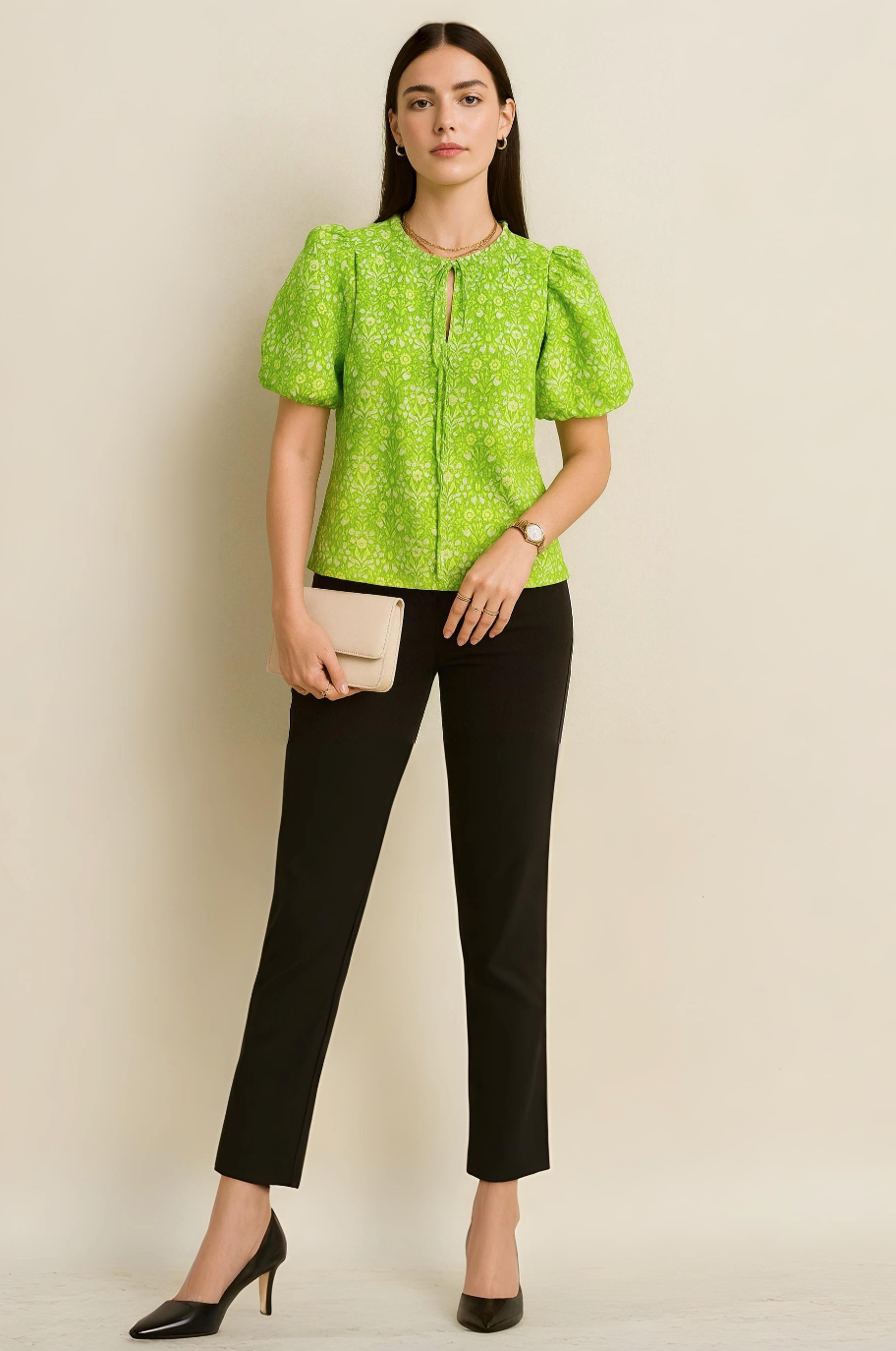 Green Floral Puff Sleeve Cotton Casual Top