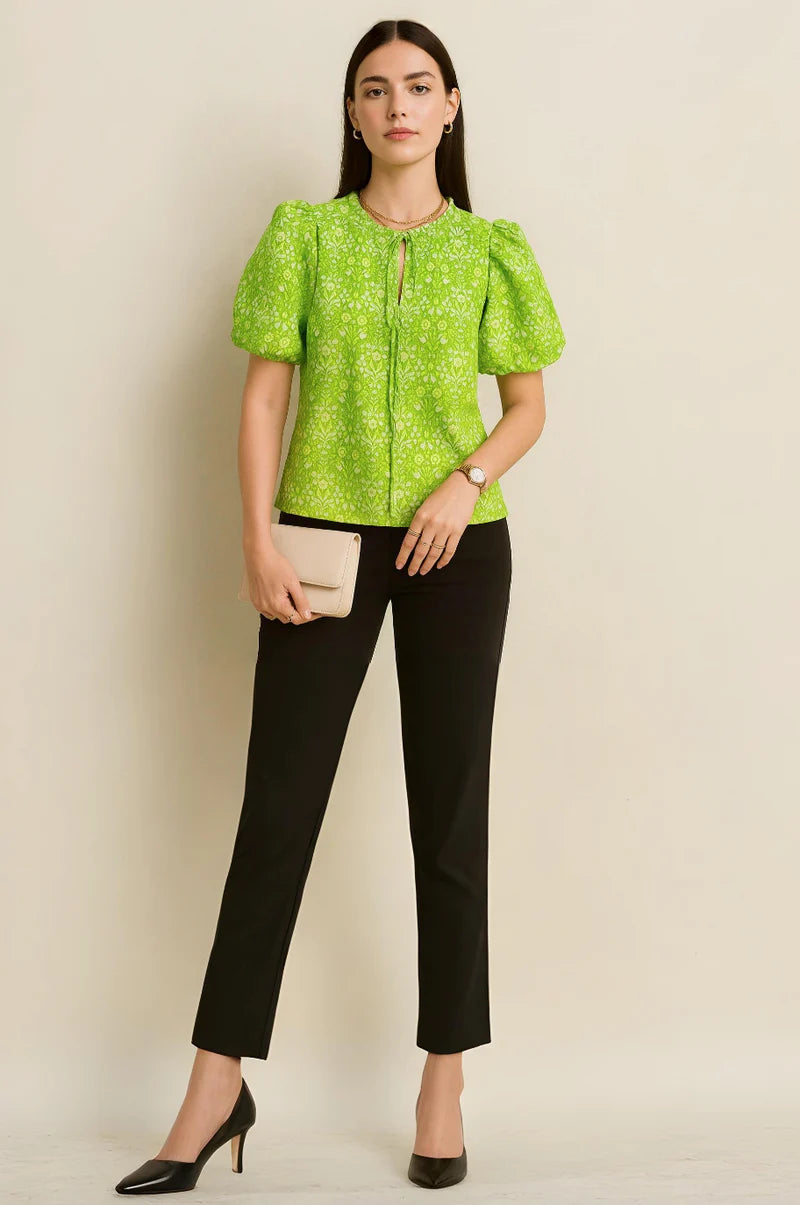 Periwinkle Floral Cotton Top with Puff Sleeves and Tie-Neck Detail