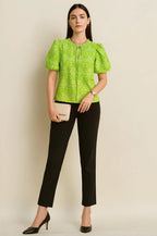 Periwinkle Floral Cotton Top with Puff Sleeves and Tie-Neck Detail