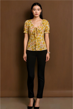 Yellow Floral Ruffle Tie Neck Chiffon Top