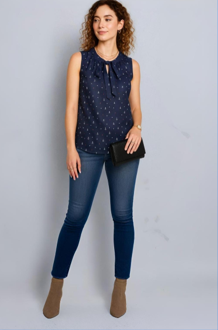 Navy Sleeveless Bow Tie Top with Anchor and Polka Dot Print