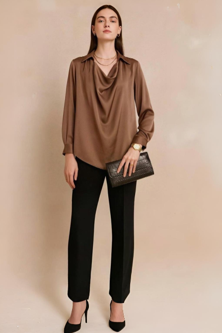 Brown Satin Draped Cowl Neck Blouse with Collared Detail and Long Sleeves