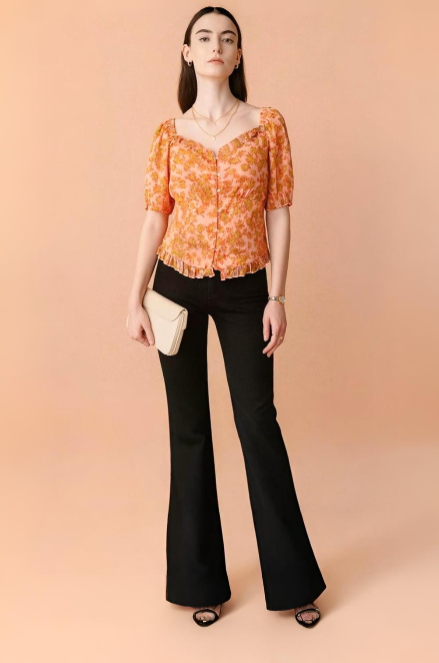 Peach Floral Sweetheart Neck Button-Down Blouse with Puff Sleeves and Ruffle Hem