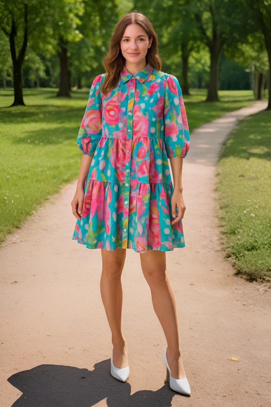 Watercolour floral tiered smock shirt dress