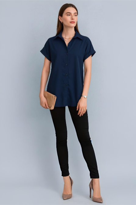 Short Sleeve Button-Down Top with Rolled Cuffs