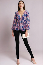 Multicolor Floral Printed Chiffon Peplum Top with Long Sleeves and Front Twist Detail