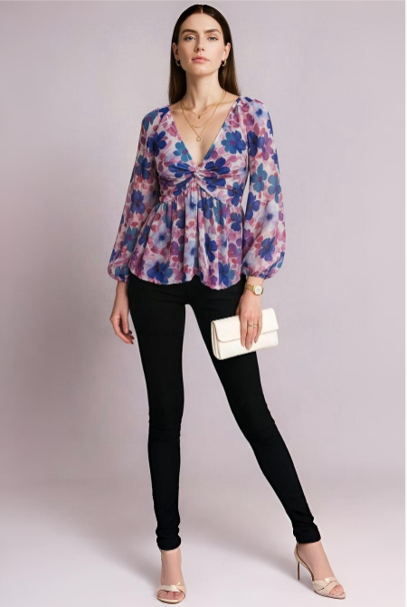 Multicolor Floral Printed Chiffon Peplum Top with Long Sleeves and Front Twist Detail