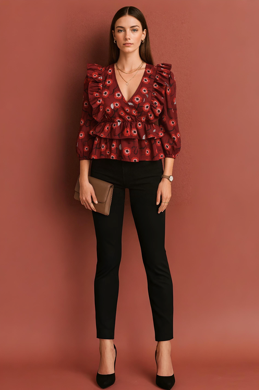 Emerald Green Floral Printed Crepe Peplum Top with Ruffled Shoulders and Three Quarter Sleeves