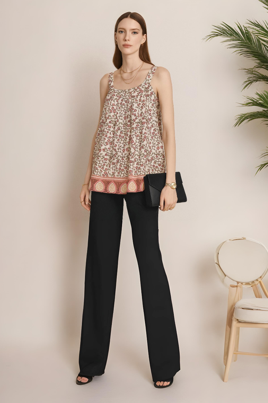 Beige Floral Printed Top with Broad Straps and Border Hem