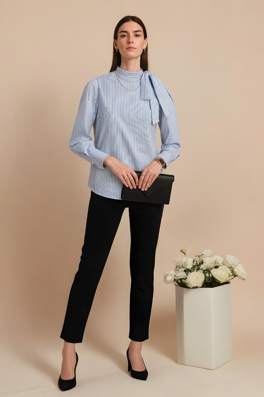 Light Blue Striped Bow Shoulder Long Sleeve Top