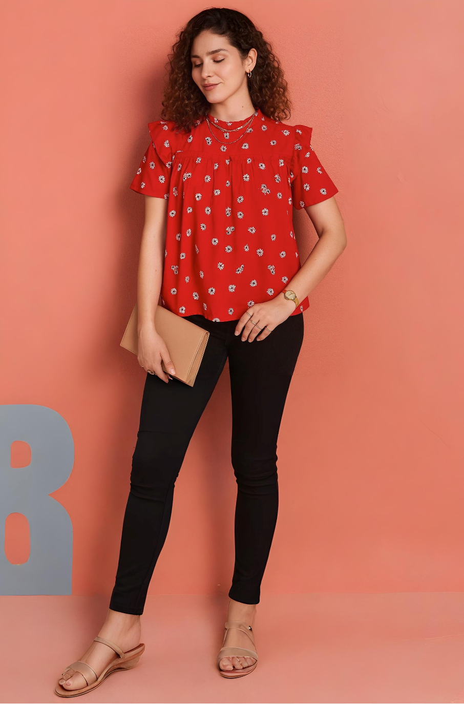 Ruffle Sleeve Top with Daisy Print and Shirred Neckline