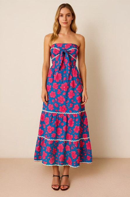 Strapless Floral Print Maxi Dress with Front Tie Detail