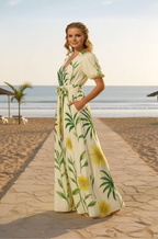 Tropical Leaf Print Co-ord Set with Wrap Top and Wide-Leg Pants