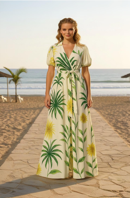 Tropical Leaf Print Co-ord Set with Wrap Top and Wide-Leg Pants
