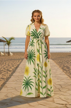 Tropical Leaf Print Co-ord Set with Wrap Top and Wide-Leg Pants