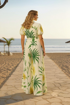 Tropical Leaf Print Co-ord Set with Wrap Top and Wide-Leg Pants