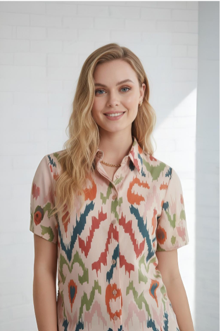 Printed Side-Ruched Casual Shirt
